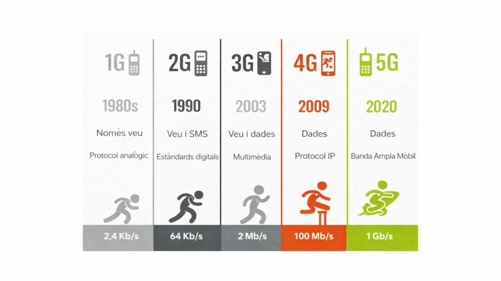 Infografia que mostra l'evolució de les xarxes mòbils des d'1G fins a 5G i el desenvolupament del mòbil 5G. Hi apareixen cinc columnes amb icones de telèfons i persones en moviment. La 1G, als anys 80, ofereix només veu amb protocol analògic i velocitat de 2,4 Kb/s. La 2G, el 1990, inclou veu i SMS amb estàndards digitals i 64 Kb/s. La 3G, el 2003, permet veu i dades multimèdia a 2 Mb/s. La 4G, el 2009, se centra en dades mitjançant protocol IP amb 100 Mb/s. La 5G, el 2020, ofereix banda ampla mòbil amb velocitats de fins a 1 Gb/s, relacionada amb la cobertura 5G i la tarifa mòbil 5G.