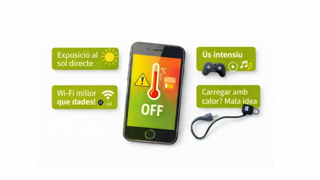 Imatge d’un telèfon mòbil que mostra un avís de sobreescalfament amb un termòmetre i l’estat “OFF” a la pantalla. Al voltant hi apareixen icones i missatges amb consells per estalviar bateria del mòbil a l'estiu a l’estiu, com evitar l’exposició al sol directe, reduir l’ús intensiu d’aplicacions i jocs, prioritzar el Wi-Fi davant les dades mòbils i no carregar la bateria del mòbil quan fa calor.