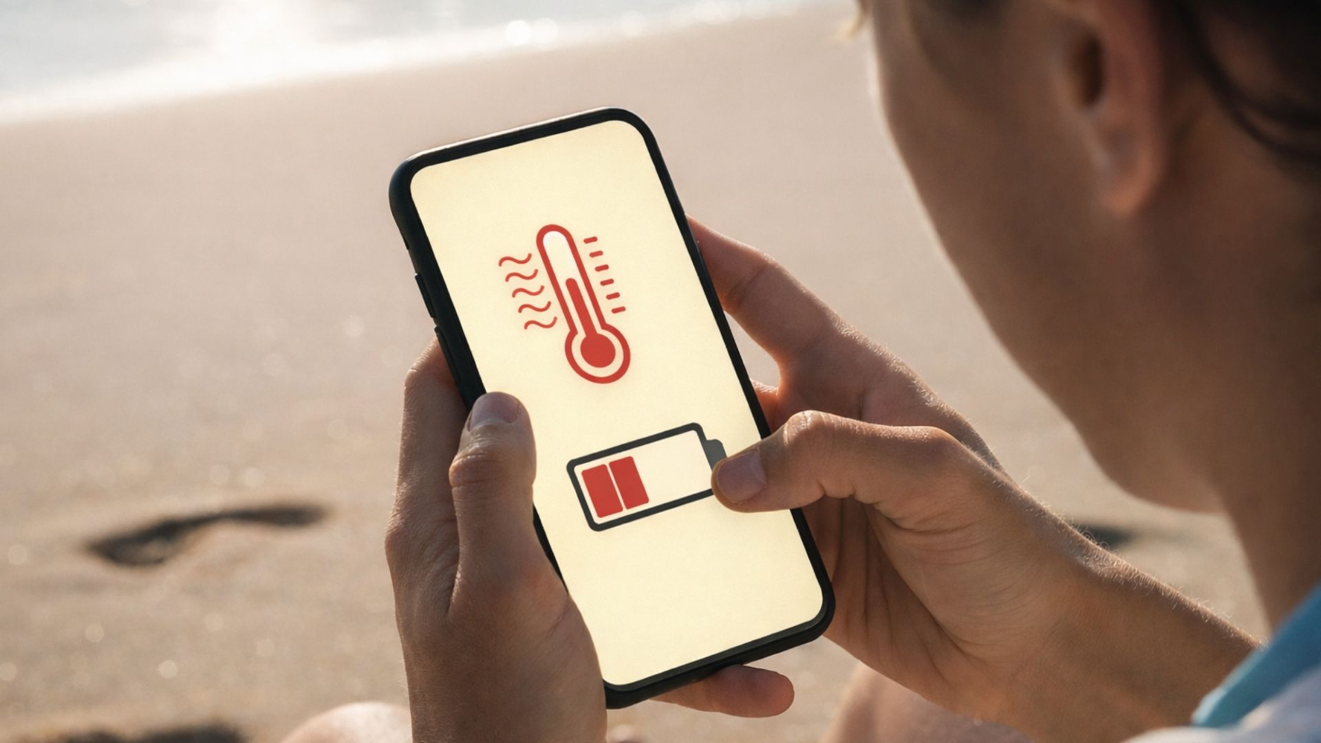 Imatge d'una persona sostenint un telèfon mòbil a la platja, amb una icona de sobreescalfament i la bateria gairebé esgotada a la pantalla. L'escena il·lustra la importància d'estalviar bateria i seguir consells bateria a l'estiu per cuidar la bateria mòbil quan es fa servir el telèfon a exteriors i amb altes temperatures.