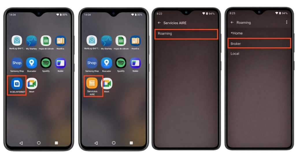 Imagen compuesta por cuatro capturas de pantalla de un teléfono Android que muestran el proceso paso a paso para activar roaming. En la primera captura se ve la pantalla de inicio con la aplicación M Delinternet destacada. En la segunda captura aparece la aplicación Servicios AIRE resaltada. En la tercera pantalla, dentro del menú de Servicios AIRE, se muestra la opción Roaming seleccionada. En la cuarta captura se ve el menú de configuración de roaming con la opción Broker marcada, indicando cómo activar roaming correctamente en el dispositivo antes de viajar al extranjero.