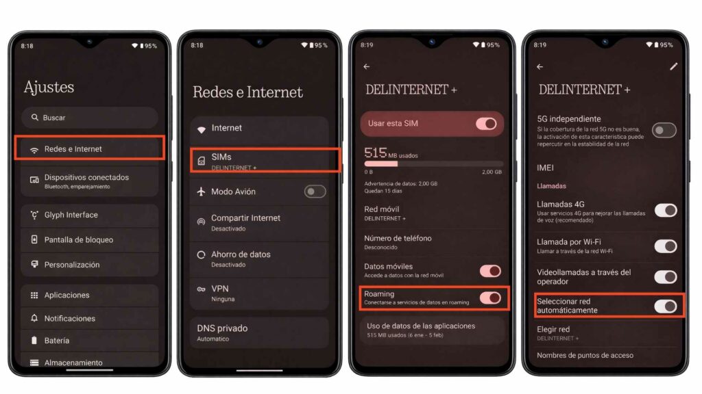 Imagen compuesta por cuatro capturas de pantalla de un teléfono Android que muestran el proceso para activar roaming de datos. En la primera pantalla se muestran los Ajustes del dispositivo con la opción Redes e Internet resaltada. En la segunda pantalla aparece el menú SIMs con la línea DELINTERNET+ seleccionada. En la tercera captura se muestra la configuración de la SIM con la opción Roaming activada. En la cuarta pantalla se ve el menú de red con la opción Seleccionar red automáticamente activada, indicando la configuración correcta para activar roaming y garantizar la conexión de datos en el extranjero.