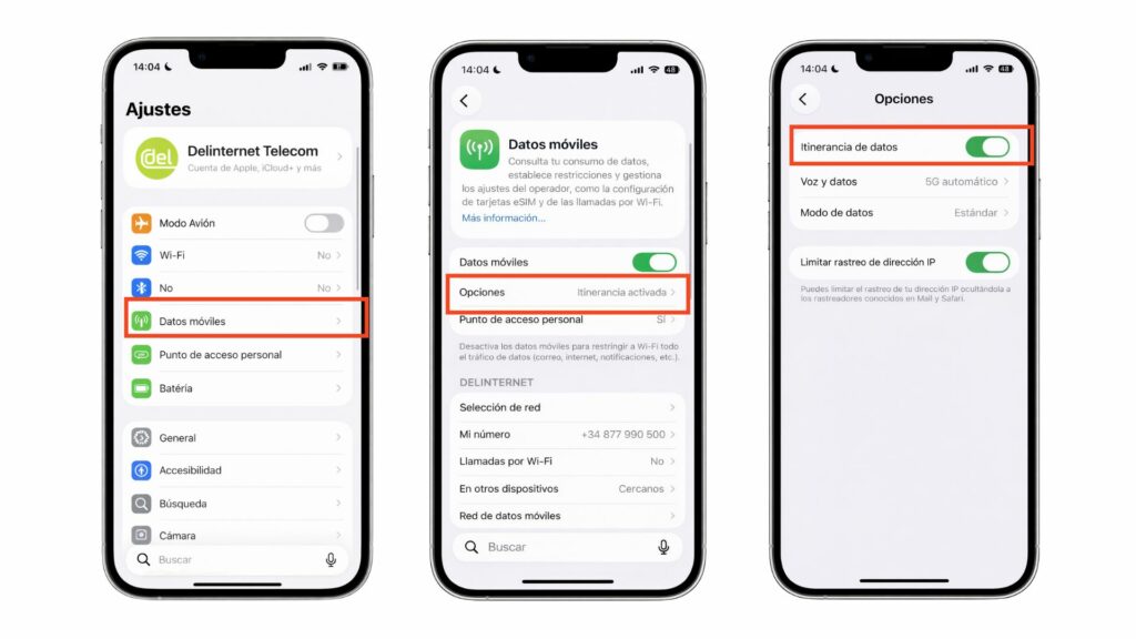 Imagen compuesta por tres capturas de pantalla de un iPhone que muestran, paso a paso, cómo activar roaming de datos. En la primera pantalla se ven los Ajustes del dispositivo con la opción Datos móviles destacada. En la segunda pantalla, dentro del menú de Datos móviles, aparece la opción Opciones con la itinerancia activada. En la tercera pantalla se muestran las Opciones de datos con el conmutador de Itinerancia de datos activado en verde, indicando cómo activar roaming correctamente en el teléfono.