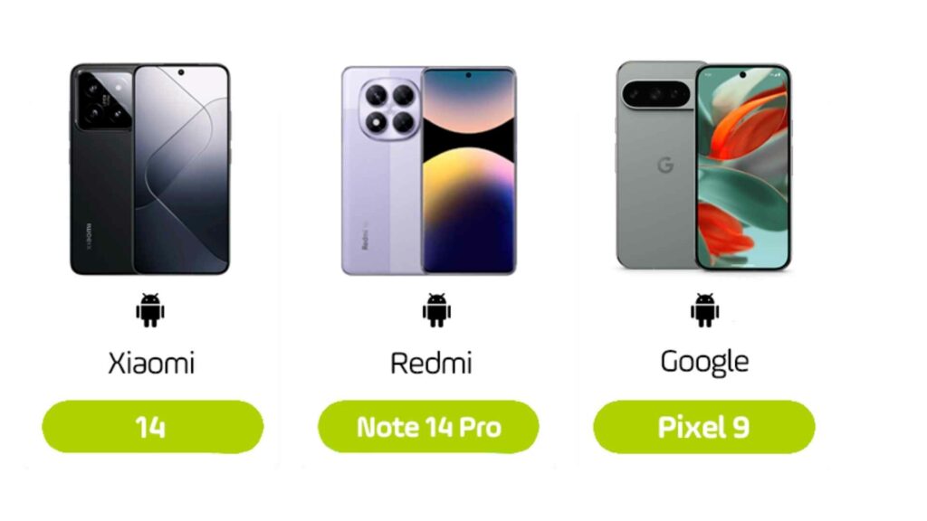 Imagen de tres teléfonos móviles con sistema Android: Xiaomi 14, Redmi Note 14 Pro y Google Pixel 9, mostrados sobre fondo blanco, con el nombre de la marca y el modelo indicado debajo de cada dispositivo.