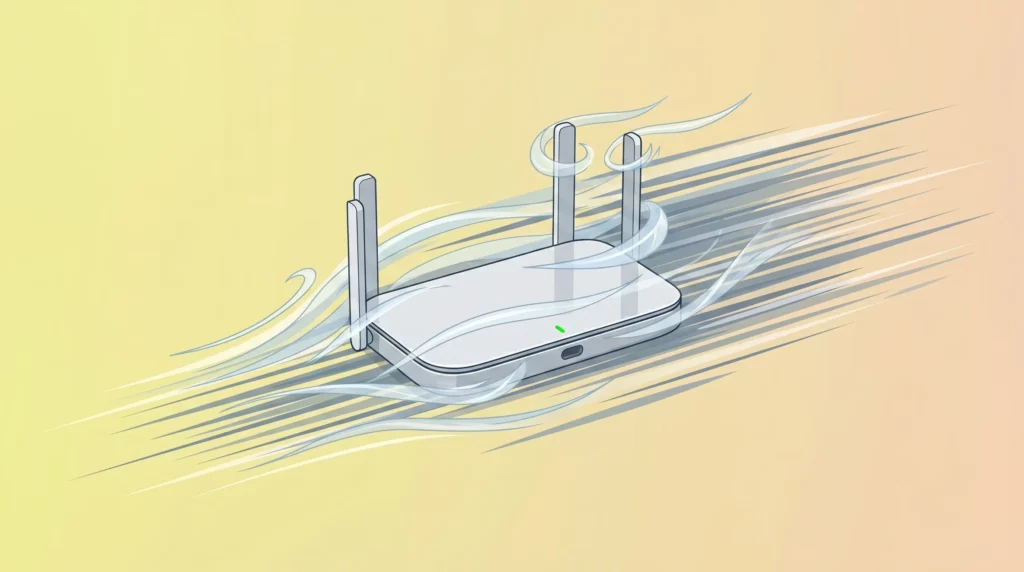 estado del router con retoques de viento representando velocidad y ligereza despues de resolver la duda de como cambiar la contraseña del router