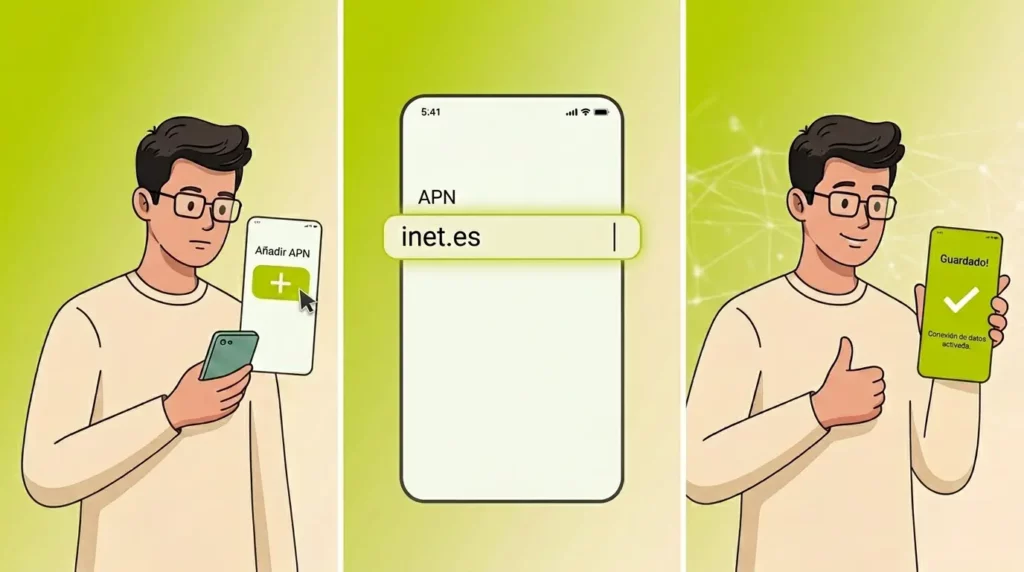 caricatura de hombre manipulando un telefono para configurar su APN en el movil. Finalizando con poder configurar su APN de forma satisfactoria, incitando al leyenta a como configurar tu APN